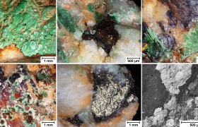 Copper ore from Prigglitz under the microscope, © Roland Haubner/TU Wien Microscopic images of copper ore from Prigglitz with green, brown and metallic structures.