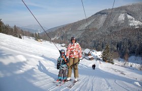 Feistritzsattel ski lifts, © Wiener Alpen, Foto: Franz Zwickl Two skiers on a drag lift in a snowy mountain landscape.