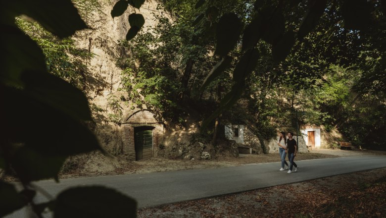 Wine cellar lane Schindergasse, © Weinviertel Tourismus / Michael Reidinger Two people are walking along a road in a green, wooded area with wine cellars in a rock face.