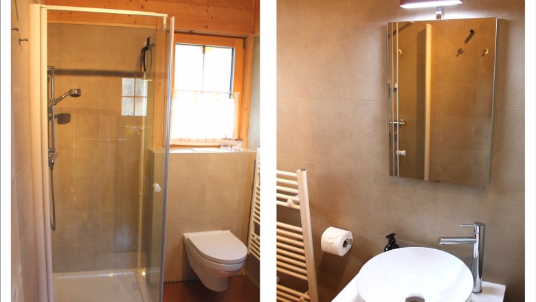 Bathroom, © Familie Auer Modern bathroom with shower, WC, washbasin and mirror.