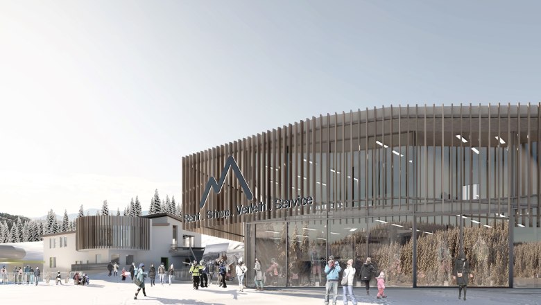 Mönichkirchen service and rental station, © Erlebnisalm Mönichkirchen, Kraftwerkarchitektur Modern service and rental station in Mönichkirchen with wooden façade and people in the snow.