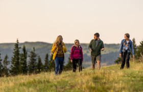Joint hike on the Schwaigen, © Wiener Alpen, Kremsl Four people hiking in a meadow in the mountains at sunset.