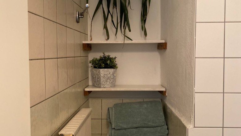 Filing, © Familie Stagard Bathroom with towels, plants and radiator.