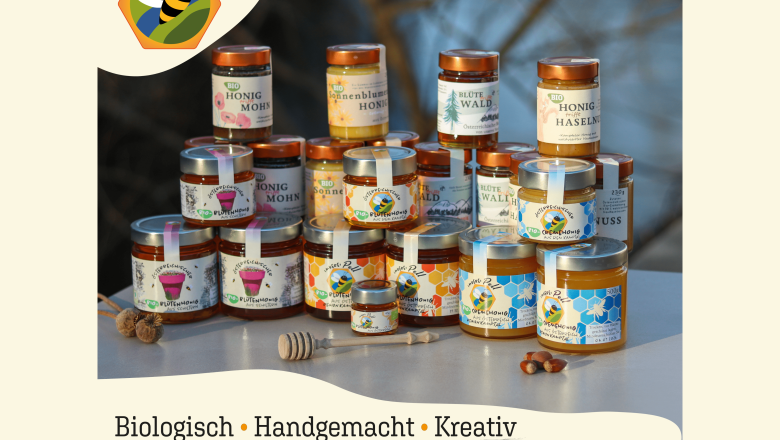 Our honey variations, © Imkerei Pell Various jars of honey from the Pell apiary arranged on a table.