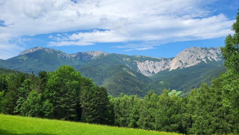 Hiking paradise Rax, © Villa to go Mountain landscape with green meadows and wooded hills under a blue sky.