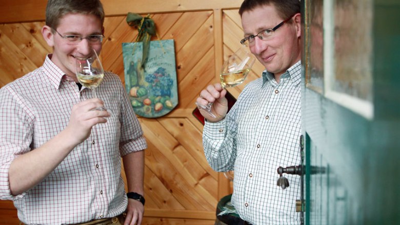 Baumgartner family, © weinfranz.at Two men in checked shirts drink white wine in a wood-paneled room.