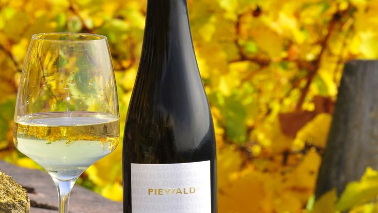Wine from our own production Weingut Piewald, © Fam. Piewald Wine bottle and glass in front of autumn vines.