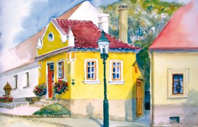 Gallery, © Grieder Watercolor of a yellow house with red roof tiles and flowers in front of the windows.
