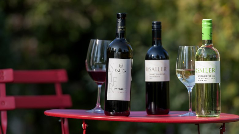 Winery Michael Sailer, © Michael Himml Three wine bottles and two wine glasses on a red table outside.