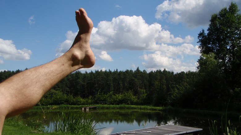At the pond..., © Maria Bauer A leg with a raised foot in front of a pond with a footbridge and forest in the background.