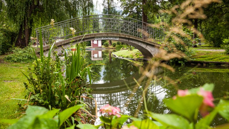 Reichenau Spa Park, © Wiener Alpen/Nadja Meister Bridge over a pond in the Reichenau spa gardens with plants in the foreground.