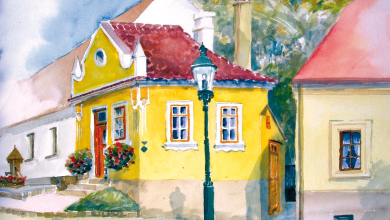 Gallery, © Grieder Watercolor of a yellow house with red roof tiles and flowers in front of the windows.