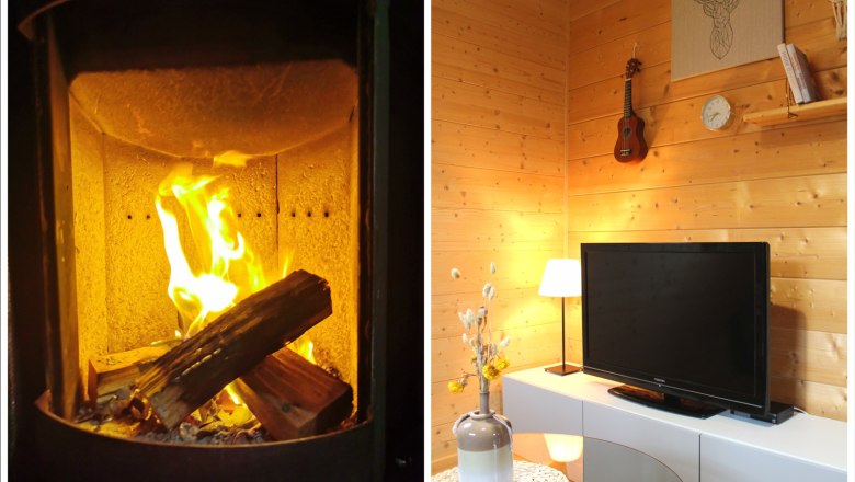 Fireplace and entertainment, © Fam. Auer A burning fireplace and a cozy living room with TV, lamp and decoration.