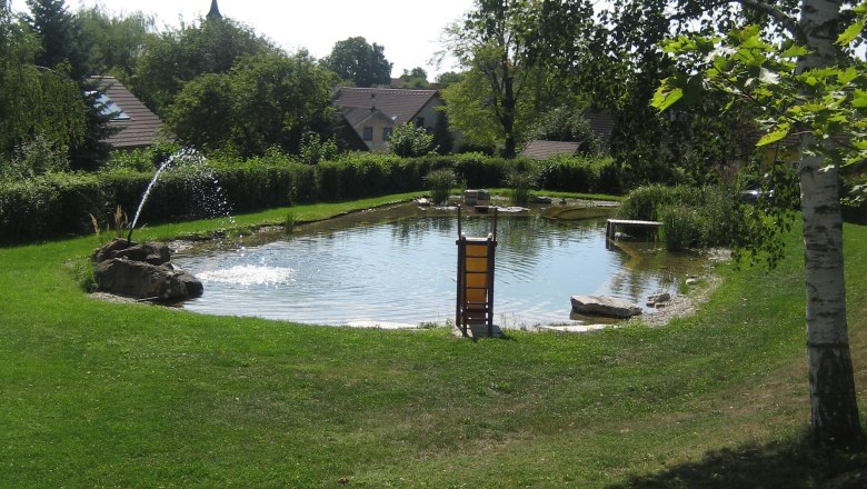 Municipality of Brunn an der Wild, © Gemeinde Brunn an der Wild A small pond with a fountain in a green park, surrounded by trees and houses in the background.