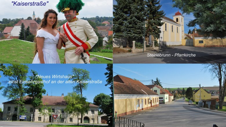 Drasenhofen, © Thomas Miksch Collage of Drasenhofen with people in historical costumes, a church in Steinebrunn and an old inn.
