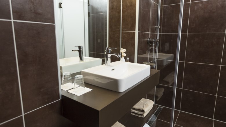 Bathroom, © Ernst Jöchlinger Modern bathroom with washbasin, mirror and shower.
