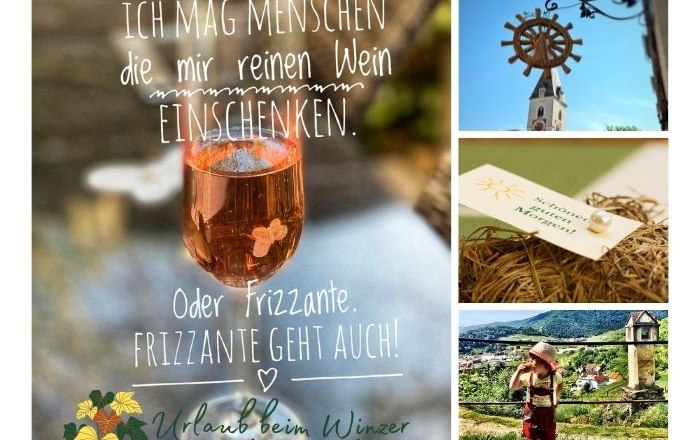 Wachau vacation, © Özelt Collage with wine, church, label and child in the Wachau.