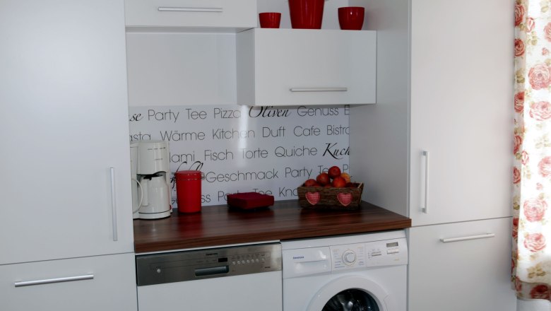 Bathroom with washing machine in loft 1, © Carlos de Mello Kitchenette with washing machine, dishwasher, coffee machine and decoration.