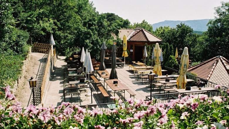 Terrassenheuriger Trimmel, © Terrassenheuriger Trimmel Terrace wine tavern with empty tables and parasols, surrounded by trees and flowers.
