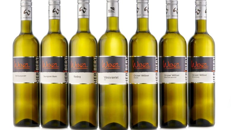 Classic white wines, © Mediadesign Podolsky Seven Wenzl brand wine bottles in a row.