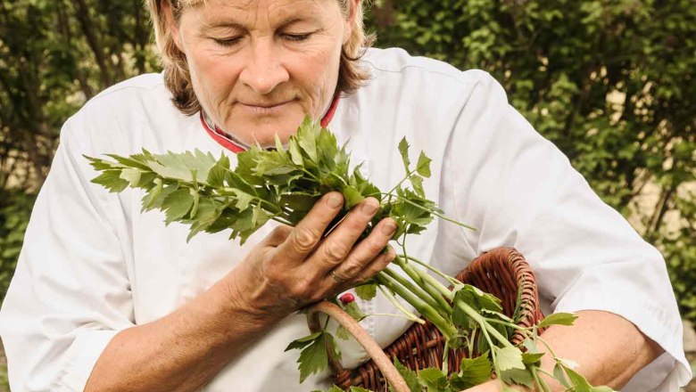 Fresh herbs from your own garden, © Rita Newman Person in the garden with fresh herbs in a basket.
