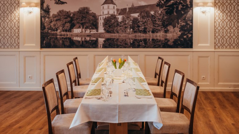 Castle Hall, © Niederösterreich Werbung/Daniela Führer Elegant dining room with a long table, laid with white tablecloths and green napkins, with a large picture of the castle in the background.