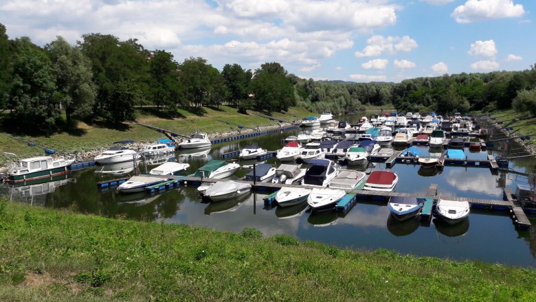 Boats in the Emmersdorf marina, © Amt der NÖ Landesregierung, Abt. Wasserwirtschaft /Ing. Werner Hauer Boats in the Emmersdorf marina, surrounded by green trees and blue skies.