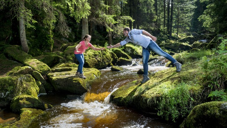 Hellfall, © Matthias Schickhofer Two people stand on moss-covered stones above a stream in a forest and shake hands.