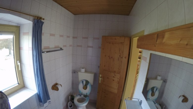 WC Holiday apartment 1, © dmgrauszer Bathroom with toilet, wooden ceiling and window with blue curtain.