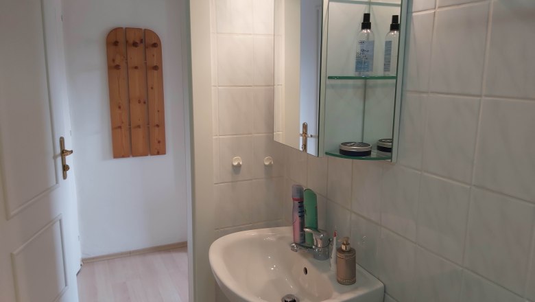 Bathroom, © Familie Hofbauer Small bathroom with washbasin, mirror and care products.