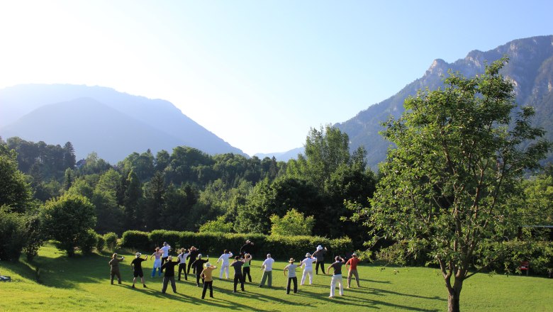 TaiChi in the garden, © Daniel Fischer Group of people doing Tai Chi in a meadow against a mountain backdrop.