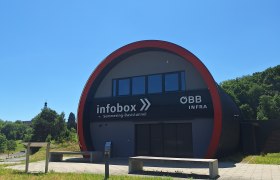 Semmering Base Tunnel exterior, © TVB Semmering-Rax-Schneeberg Building of the Semmering Base Tunnel info box with ÖBB logo, surrounded by green meadow and trees, under a blue sky.