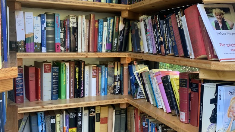Bookshelf in a telephone box, © TVB Semmering-Rax-Schneeberg A bookshelf with various books in a public bookcase.