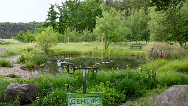 Dragonfly pond, © Stadtgemeinde Maissau A green pond with trees in the background and a sign saying 'Geheim Tipp' in the foreground.