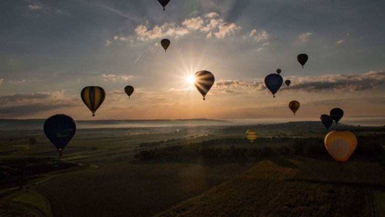 Balloon Days Krems-Langenlois 2016, © Jürgen Übl Hot air balloons float over a landscape at sunrise.