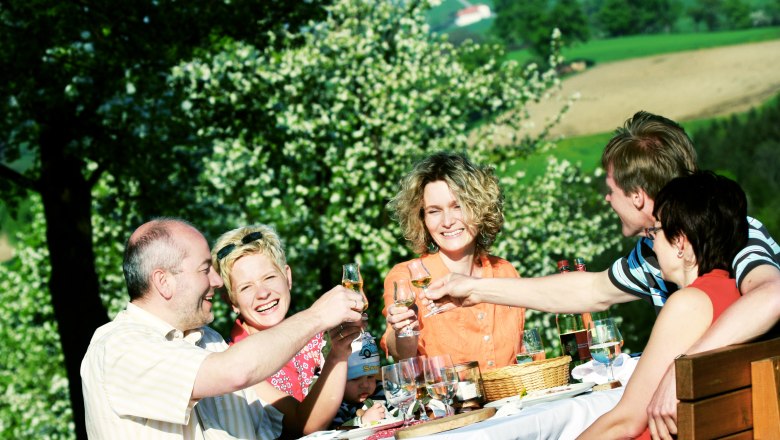 Snack table near Euratsfeld, © weinfranz.at Group of people clinking glasses at an outdoor table.