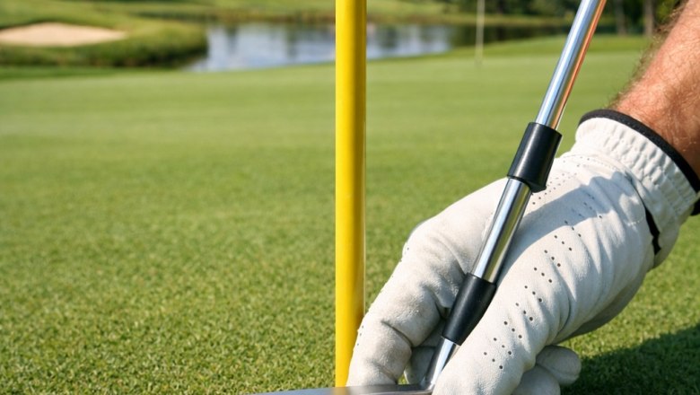 Golf course, © Weinviertel Tourismus A golfer with a glove puts a golf ball into a hole on a manicured green with a yellow flagstick.