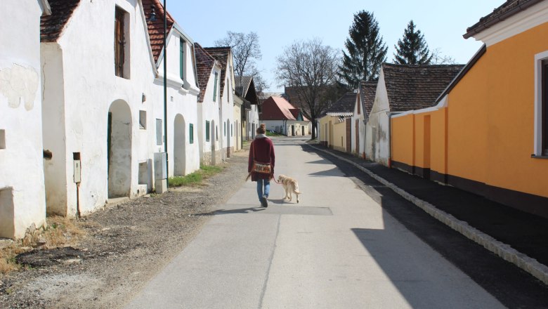Wine cellar lane Mailberg, © Souveräner Malteser-Ritter-Orden / Udo Schwamberger Person with dog in the wine cellar lane Mailberg, surrounded by traditional buildings.