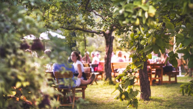 Wine tavern Polz guest garden, © Daniela Matejschek People sitting in the garden of a wine tavern, surrounded by trees and plants.