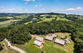 Celtic village Schwarzenbach, © Wiener Alpen, Christian Kremsl Aerial view of a Celtic village with wooden houses and a lookout tower, surrounded by woods and fields.