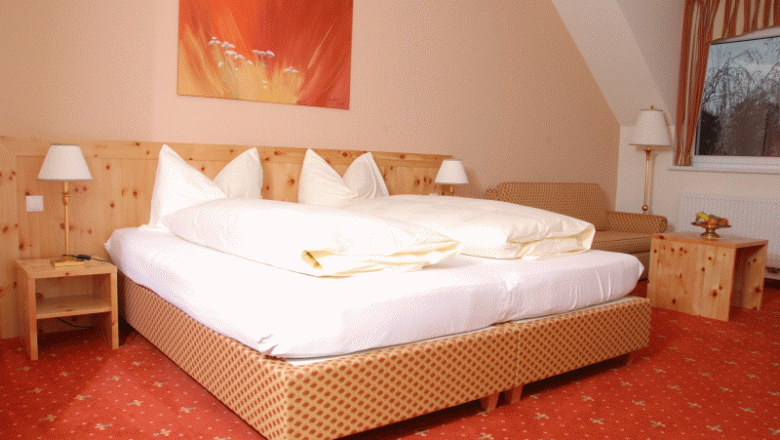 Gourmet pineapple, © Winzerhof Achau Comfortable hotel room with double bed, wooden furniture and red carpet.