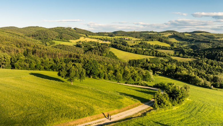 Am Bener aerial view, © Wiener Alpen / Fülöp, Kremsl Landscape with green hills and a hiking trail on which two people are walking.