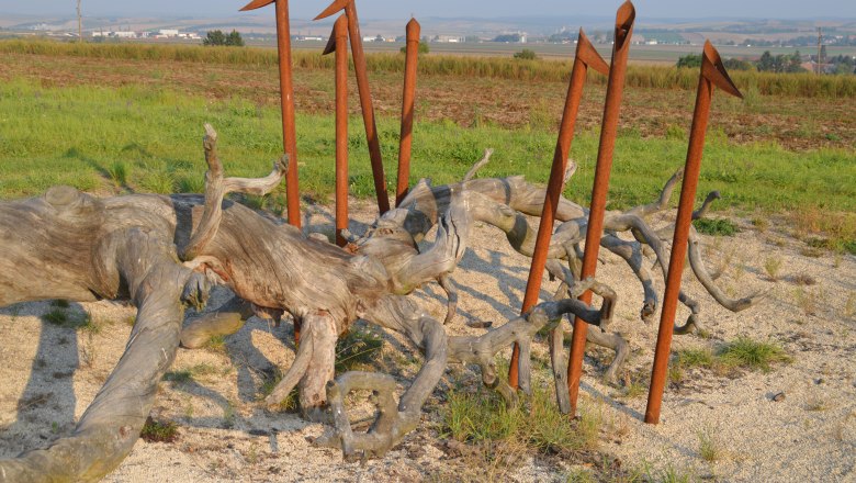 Veltlinerland tree circle, © StadtGemeinde Mistelbach / Mag. Mark Schönmann Art installation made of wood and metal rods in a rural landscape.