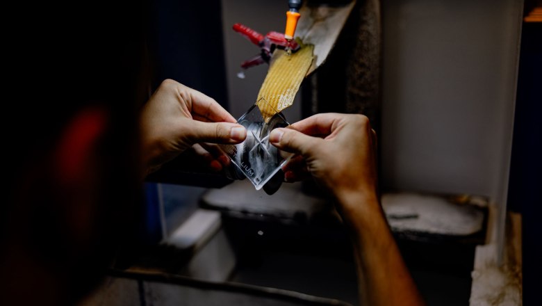 KRISTALLIUM glass.experience., © Waldviertel Tourismus, Matthias Streibel Close-up of hands working on a piece of glass on a grinding machine.