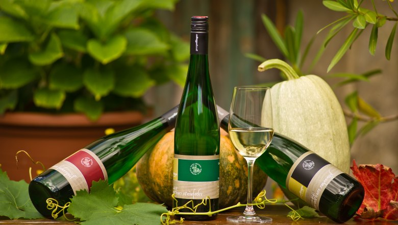 Wines, © Edlinger/Rita Newman Three bottles of wine and a glass of white wine on a table with pumpkins and vine leaves.