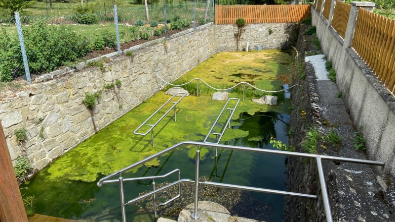 Water treading facility Großreipersdorf, © Weinstraße Weinviertel Water treading facility with green water and metal railings.