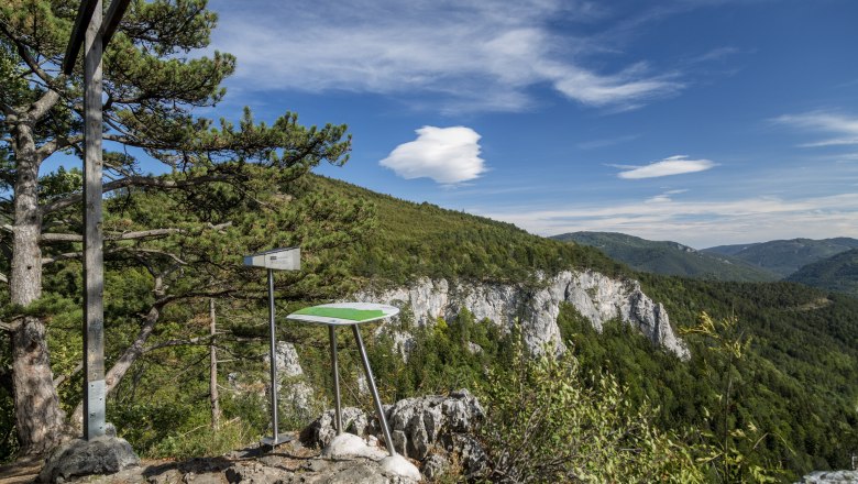 Viewpoint Hausstein, © Wiener Alpen, Foto: Franz Zwickl Viewpoint with information board and cross on a rock, surrounded by forest and mountains under a blue sky.