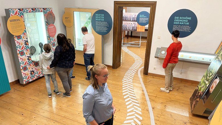 Traismauer Castle, © WeinArtZone People in a museum look at interactive exhibitions with text panels and exhibits.