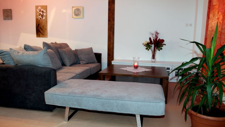 Sofa in loft 1, © Carlos de Mello A modern living room with a gray sofa, coffee table, plants and wall decorations.