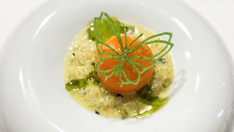 Excellent food creations, © Nicolas Engel An elegant dish on a white plate, consisting of an orange ball on a creamy sauce, garnished with green leaves.